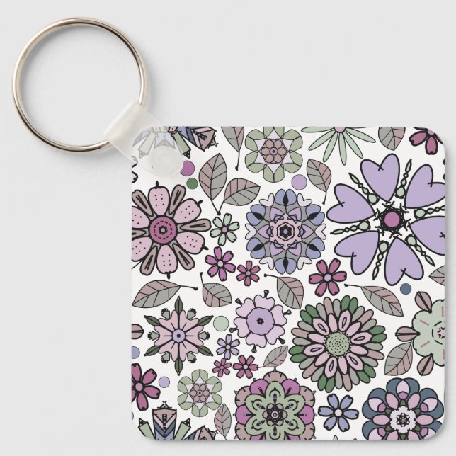 Retro Pastel Pink Purple Floral Seamless Pattern Key Ring (Front)