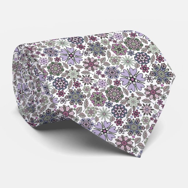 Retro Pastel Pink Purple Floral Seamless Pattern Tie (Rolled)