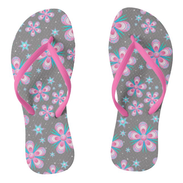 Retro Pastel Pink Stylish Flowers Artwork Thongs (Footbed)