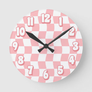 Retro Pastel Pink White Wavy Chequerboard Round Clock