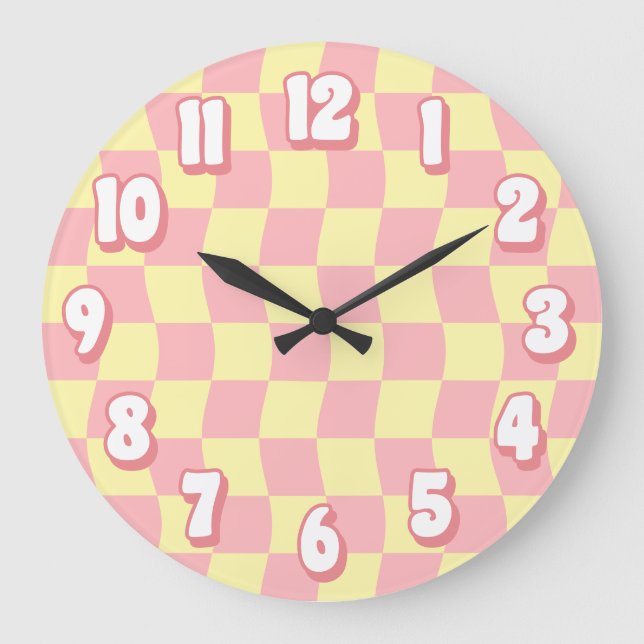 Retro Pastel Pink Yellow Wavy Chequerboard Large Clock (Front)