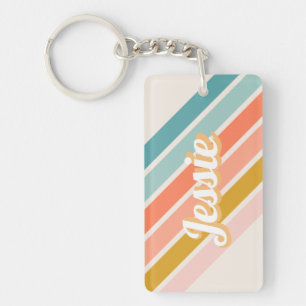 Retro Pastel Rainbow Personalized Name Key Ring