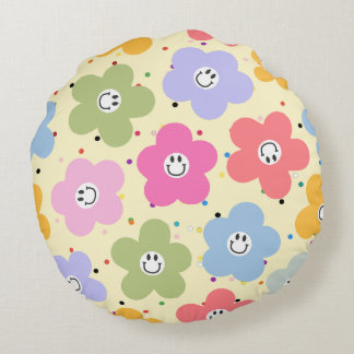 Retro Pastel Smiley Flower Pattern Round Throw Pil Cushion