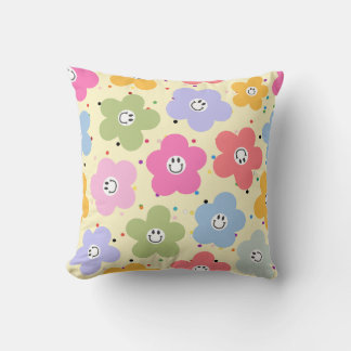 Retro Pastel Smiley Flower Pattern Throw Pillow