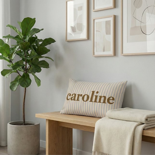 Retro Pastel Stripe Personalized Brown Name Lumbar Cushion (Creator Uploaded)