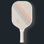 Retro Pastel Stripes Custom Monogram Name Pickleball Paddle<br><div class="desc">Pickleball Paddle with Chic Retro Pastel Striped Design in Trendy Boho Peach, Tan, Blue, and Pink with a subtle monogram initial personalisation in the corner. All colours and fonts are editable so you can design your own retro stripe pickleball paddle in team colours, favourite colours, or to match an outfit...</div>