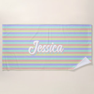 Retro Pastel Stripes Personalised Name Beach Towel