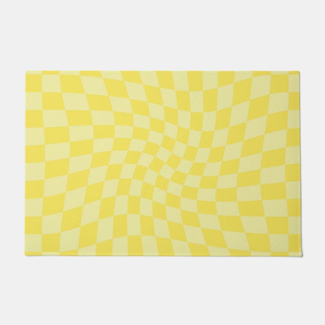 Retro Pastel Yellow Checks Warped Chequerboard   Doormat (Front)