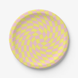 Retro Pastel Yellow Checks Warped Chequerboard Paper Plate