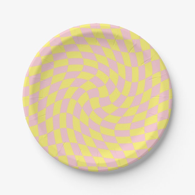 Retro Pastel Yellow Checks Warped Chequerboard Paper Plate (Front)