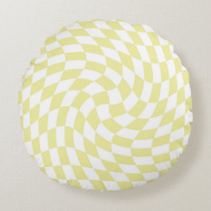 Retro Pastel Yellow Checks Warped Chequered  Round Cushion