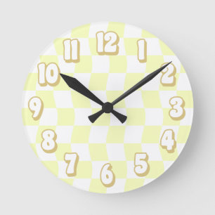 Retro Pastel Yellow White Wavy Chequerboard Round Clock