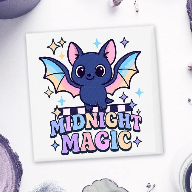Retro Pastelcore Cute Halloween Bat & Chequerboard Magnet (The midnight magic kawaii bat design shines with retro pastel charm.)