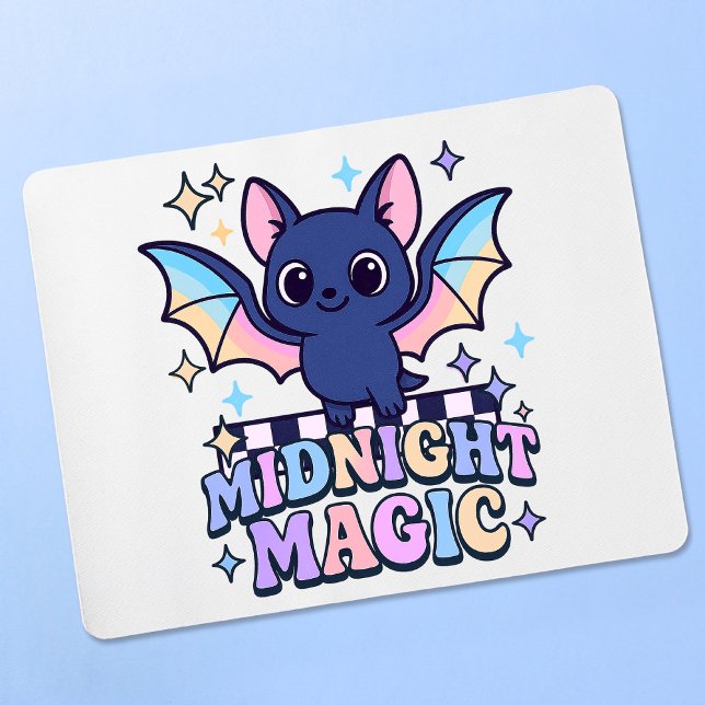 Retro Pastelcore Cute Halloween Bat & Chequerboard Mouse Pad (The midnight magic kawaii bat design shines with retro pastel charm.)