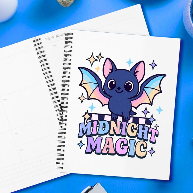 Retro Pastelcore Cute Halloween Bat & Chequerboard Planner (The midnight magic kawaii bat design shines with retro pastel charm.)