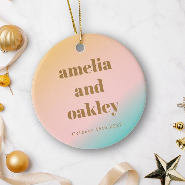 Retro Pastels Gradient Unique Wedding Photo Ceramic Ornament (Creator Uploaded)
