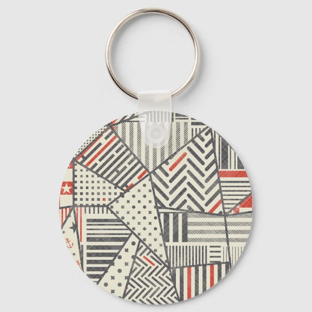 Retro Patchwork: Abstract Geometric Design Key Ring (Front)
