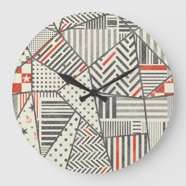 Retro Patchwork: Abstract Geometric Design Large Clock (Front)