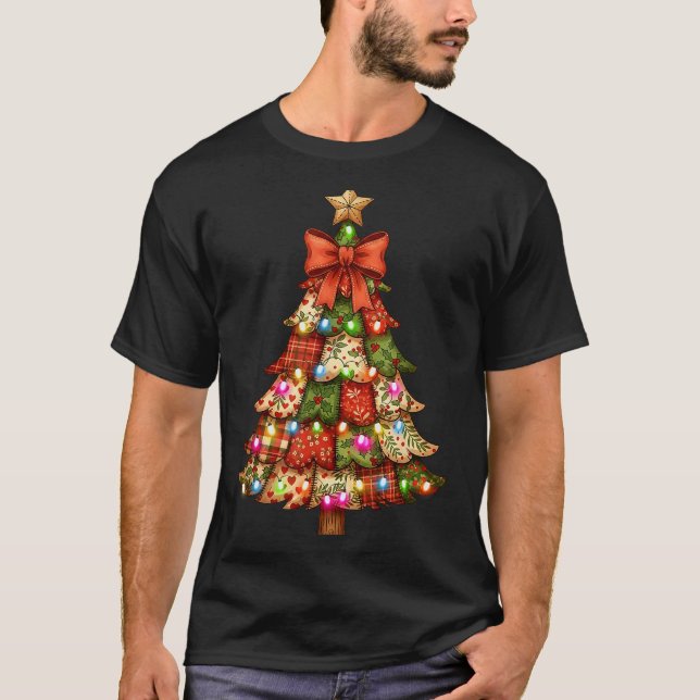 Retro Patchwork Bow Christmas,rustic Country Chris T-Shirt (Front)