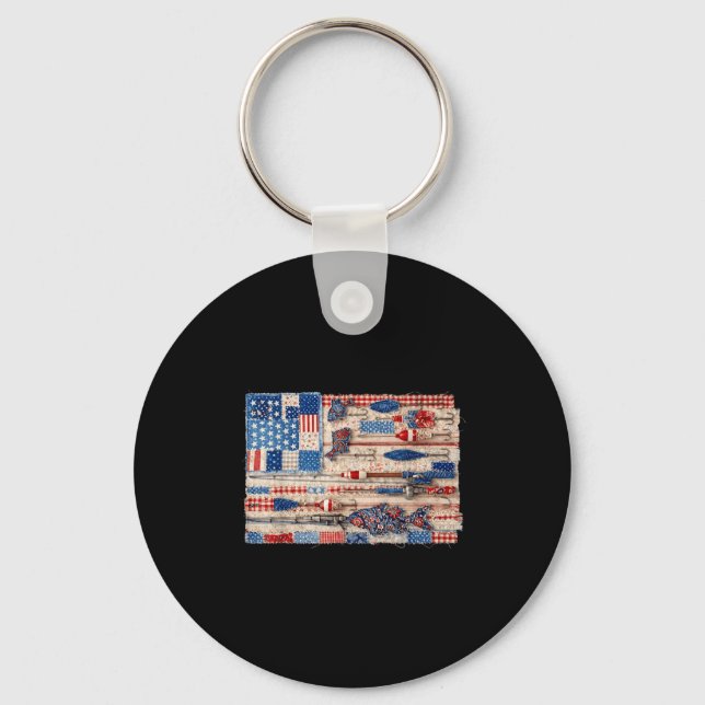 Retro patchwork patriotic fishing american flag key ring (Front)