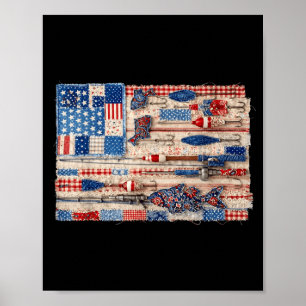 Retro patchwork patriotic fishing american flag poster