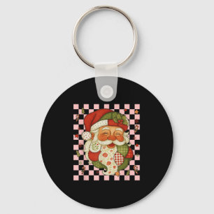 Retro Patchwork Santa Claus Christmas Preppy Merry Key Ring