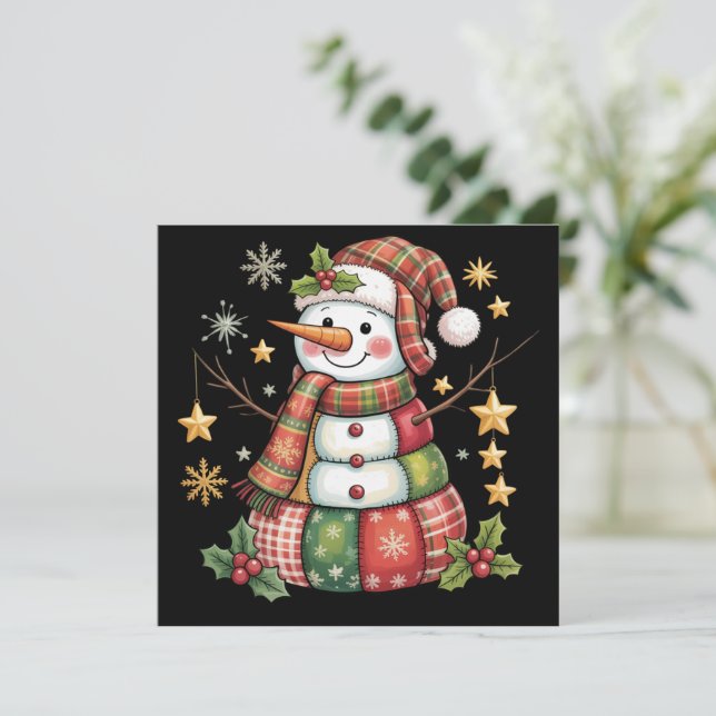 Retro Patchwork Snowman Merry Christmas Coquette  Holiday Card (Standing Front)
