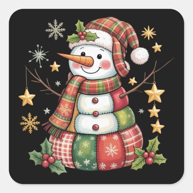 Retro Patchwork Snowman Merry Christmas Coquette  Square Sticker (Front)