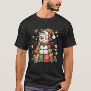 Retro Patchwork Snowman Merry Christmas Coquette T-Shirt