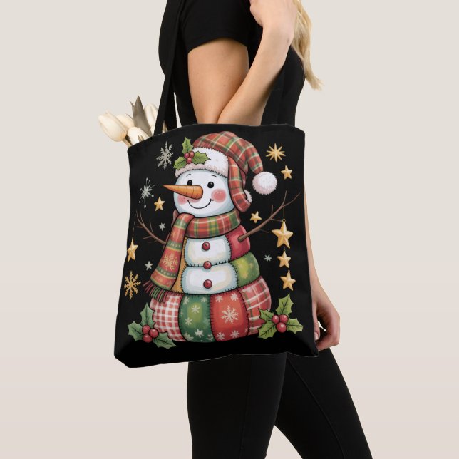 Retro Patchwork Snowman Merry Christmas Coquette  Tote Bag (Close Up)