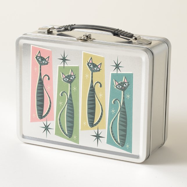 Retro Patchwork Tabbies ©studioxtine Metal Lunch Box (Front)