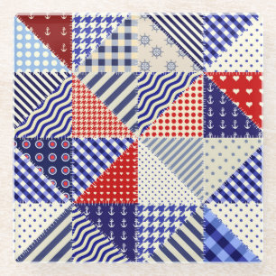 Retro Patchwork Triangles Nautical Style Glass Coaster