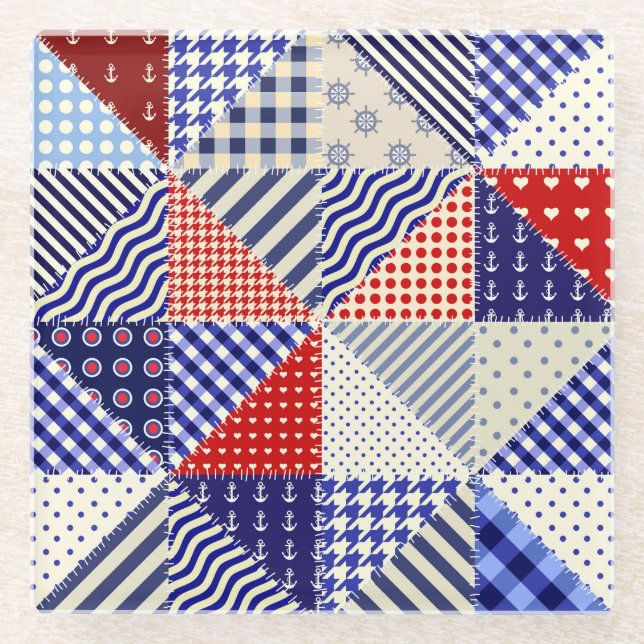 Retro Patchwork Triangles Nautical Style Glass Coaster (Front)