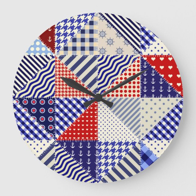 Retro Patchwork Triangles Nautical Style Large Clock (Front)