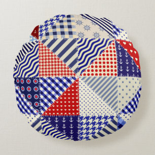 Retro Patchwork Triangles Nautical Style Round Cushion