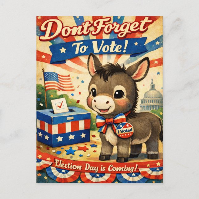 Retro Patriotic Donkey Vote Reminder Postcard (Front)