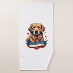 Retro Patriotic Golden Retriever Engraving Tee 4 Bath Towel