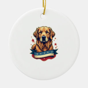 Retro Patriotic Golden Retriever Engraving Tee 4 Ceramic Ornament