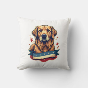 Retro Patriotic Golden Retriever Engraving Tee 4 Cushion