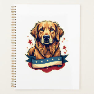 Retro Patriotic Golden Retriever Engraving Tee 4 Planner