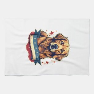 Retro Patriotic Golden Retriever Engraving Tee 4 Tea Towel