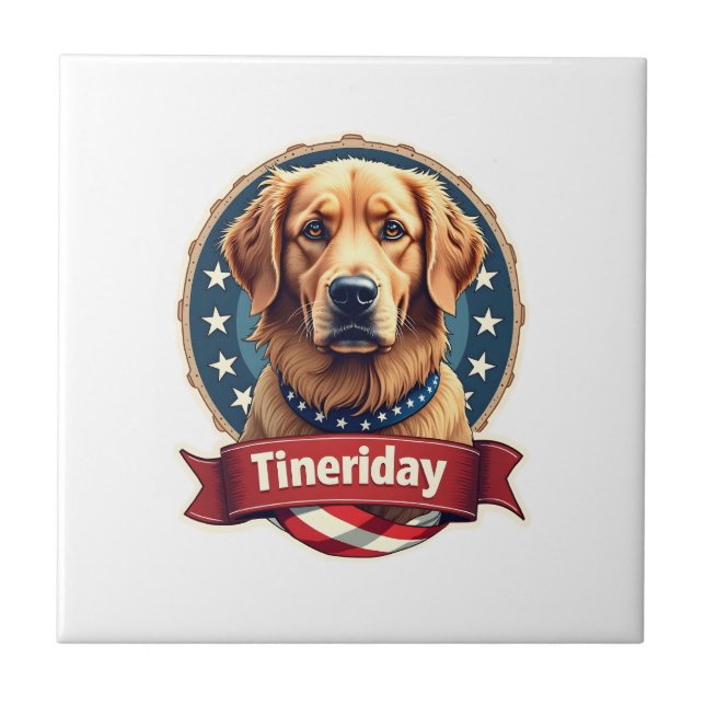 Retro Patriotic Golden Retriever Engraving Tee Ceramic Tile (Front)
