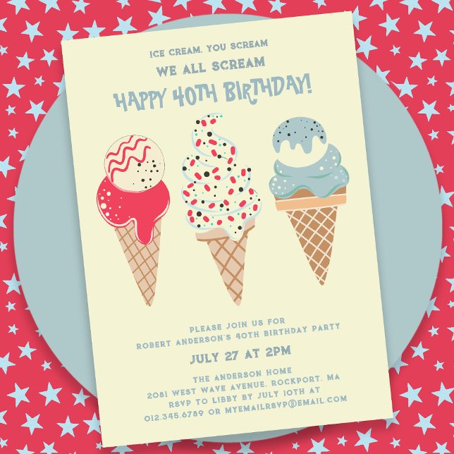 Retro Patriotic Ice Cream Cone 40th Birthday Invitation (Creator Uploaded)