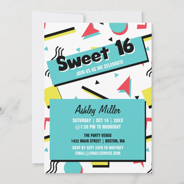 Retro Pattern 90s Themed Sweet Sixteen Invitation (Front)