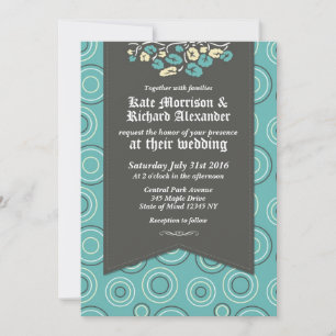 Retro Pattern and Floral Turquoise Wedding Invites