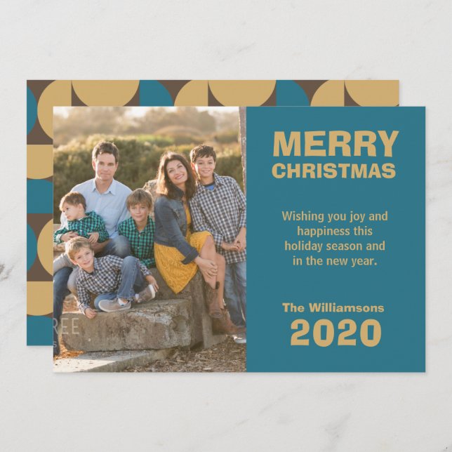 Retro Pattern Merry Christmas Family Photo Holiday Card (Front/Back)