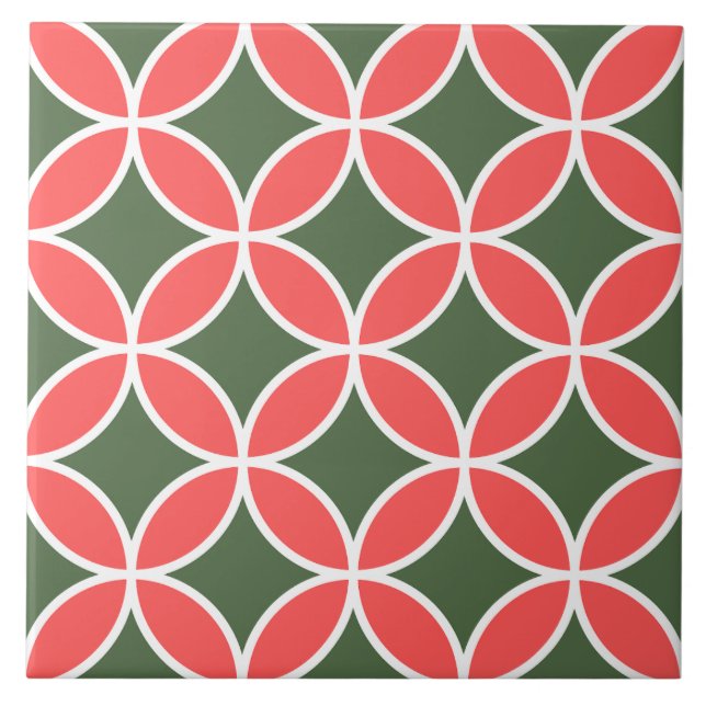 Retro pattern mid century floral green and pink ceramic tile (Front)