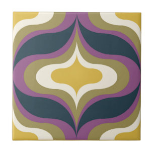 Retro Pattern Navy Green Yellow White Ceramic Tile
