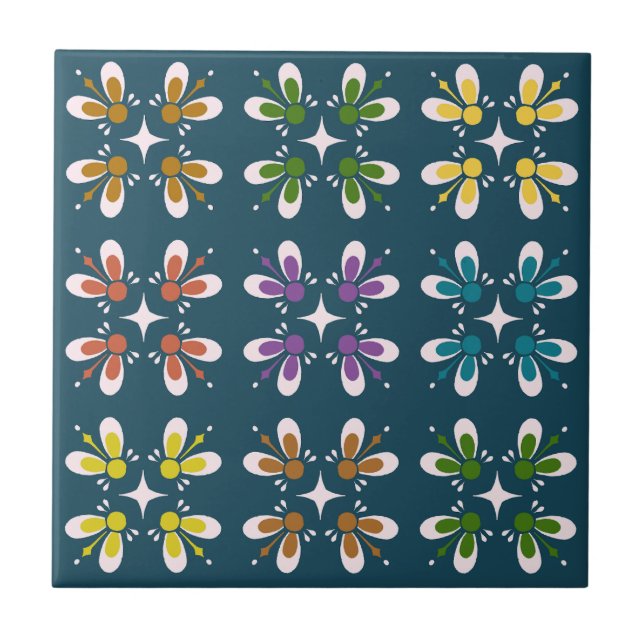 Retro pattern of Spanish culture l Colourful flora Ceramic Tile (Front)
