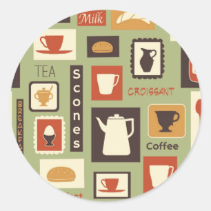 Retro pattern with kitchen dishes for breakfast classic round sticker